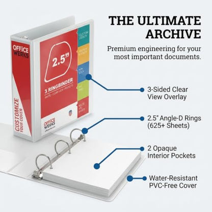 2.5 Inch 3 Ring Binder 2 Pack, Angle D-Ring, Holds 475 Sheets, Professional Presentation for 8.5 x 11 with Pockets, Clear View Customizable Cover, PVC-Free Non-Stick, White - Ring Binder Depot