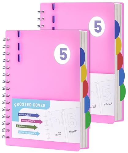 FLYING EAGLE 2 Pcs 5 Subject Notebook Wide Ruled, Small Spiral Notebook 5x7 for Work, 408 Pages Lined Journal with Removable Dividers, Small Notebooks for Work,Pink - color: A.Pink, size: A5(5.5x8in)-2 Pack