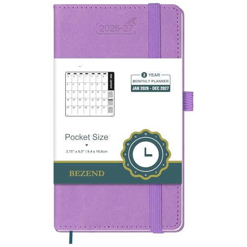 BEZEND Pocket Monthly Planner 2026-2027 (3.5" x 6.5") 2 Year Calendar Book for Purse with Note Pages, 100 GSM Paper, Inner Pocket, Pen Holder, Vegan Leather Hardcover in Lavender - color: Lavender, size: Pocket 3.5" x 6.5"