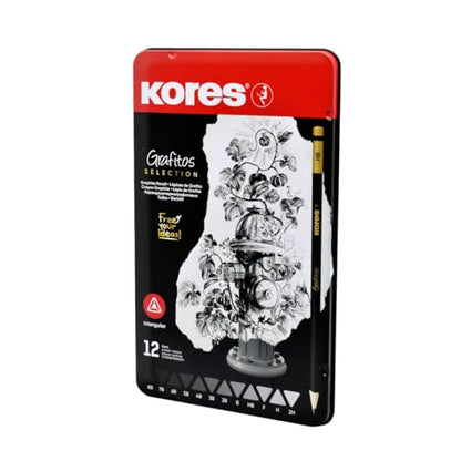 Kores - Grafitos: Graphite Pencils Different Grades Set for Kids and Adults with Soft Lead, Triangular Shape, School and Art Supplies for Writing, Drawing and Sketching, Set of 12 in Metal Box