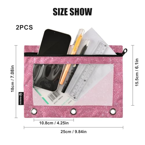 Binder Pouches 3 Ring for Boys Girls Glittery Pink Sparkling Zipper Pencil Pouches Case Bag with Clear Window School College Office Supplies 2 Pack - color: Pink Sparkling