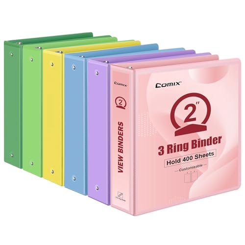 COMIX Standard 3 Ring Binder 2 inch with Clear View Cover, 2" Round Ring View Binder Holds 400 Sheets of US Letter Size Paper, 6 Pack (Multicolored) - color: Multicolored, size: 2 inch