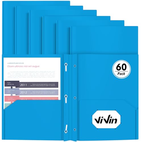 Heavy Duty Plastic Folder, 60 Pack, Pocket Folder with brads, Letter Size Poly File, Plastic Folders with 3 Prongs Fasteners - Sky Blue - color: Sky Blue, size: 60 PACK