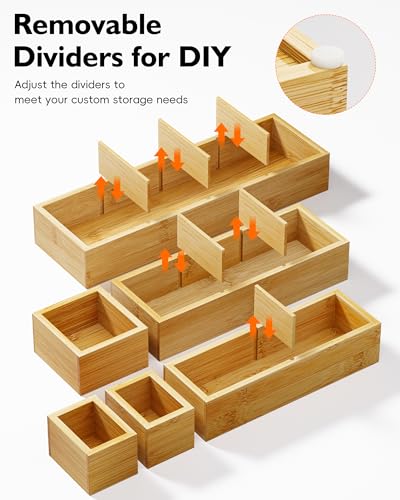 Bamboo Drawer Organizer Set, 6 PCS Desk Drawer Organizer Trays with 12 Compartments, Wood Storage Boxes for Junk Drawer, Kitchen Utensils, Office Supplies, Makeup, Jewelry, Bathroom - size: 12 Compartments