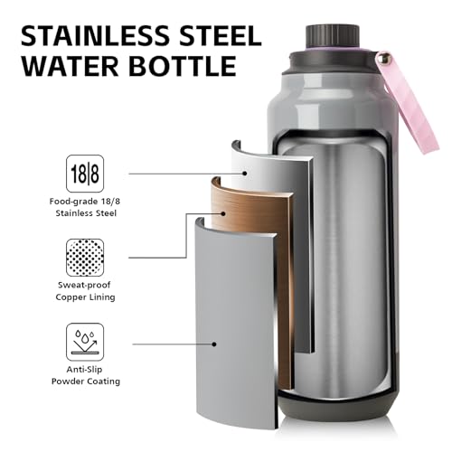 GREYLOCK 32 oz Insulated Water Bottle with Straw Lid, Leakproof Reusable Stainless Steel Vacuum Flask, 24hr Cold & Hot, Carry Handle & Silicone Spout, BPA-Free for Gym, Hiking, Travel, Grey - color: Stone Blossom, size: 32 Ounces
