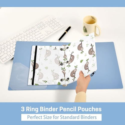 Blueangle Sloth with Green Leaves Pencil Pouch for 3 Ring Binder, 2 Pack Clear Window Zipper Pencil Bags for Office