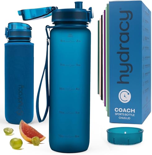 Hydracy Water Bottle with Time Marker & Fruit Infuser - BPA Free - 32 oz | Leak Proof Gym Bottle with times to drink and no sweat Sleeve - Ideal for Fitness Sports & Outdoors - color: Midnight Blue, size: 32 Ounces
