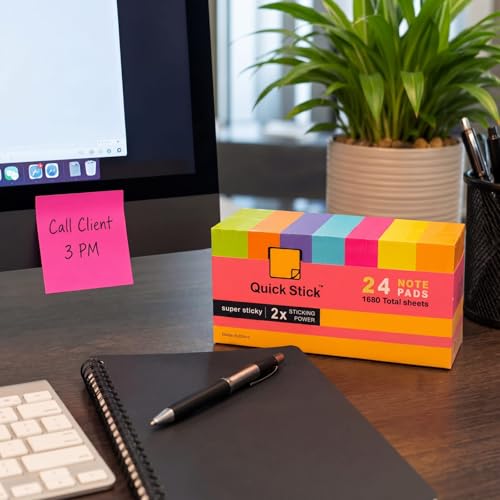 Sticky Notes, 24 Pads, 1680 Sheets Total, 3x3 in Bright Neon Colors, 2X Super Sticky Self-Stick Note Pads for Office, School, Home, Bulk Pack 70 Sheets Per Pad, Strong Hold Memo Notes