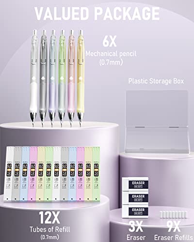 Nicpro 6PCS Pastel Mechanical Pencil Set 0.7 mm, Cute Mechanical Pencils with Comfort Grip with 12 Tubes HB Lead Refill, 3 Eraser, 9 Eraser Refills for Student Writing, Drawing, Sketching- with Case - size: 0.7