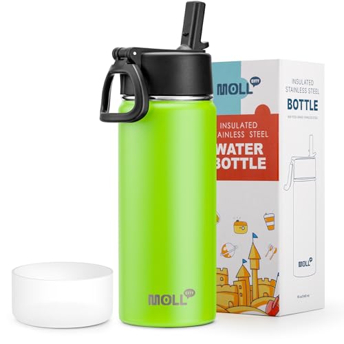 Kids Insulated Water Bottle with Straw-18 oz Stainless Steel Double Wall Vacuum Wide Mouth Water Bottle for School-Metal Travel Water Flask with Silicone Boot (Apple Green) - color: Apple Green, size: 18 Ounces