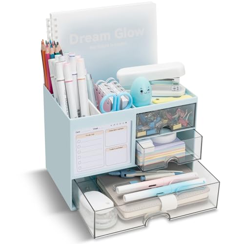 QIYVLOS Desk Organizer with 3 Drawer, Multi-Functional Pencil Pen Holder for Desk, Desk Organizers and Storage with 8 Compartments, Desktop Organizer for Office Home Art Supplies (Blue) - color: Blue