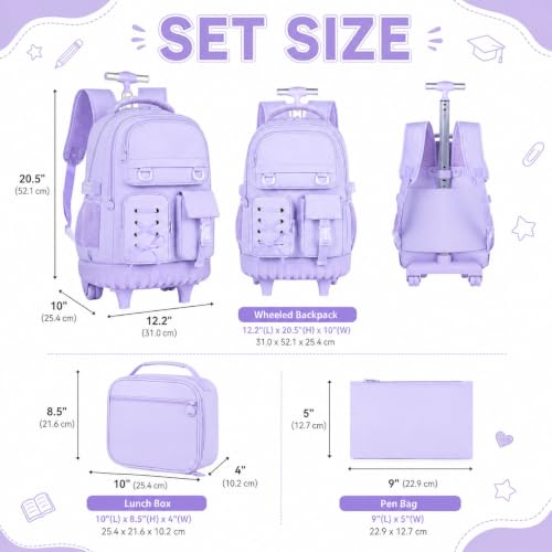 KLFVB Girls Rolling Backpack, 3PCS Wheeled Bookbag with Lunch Bag for Kids, Roller School Bag for Teen - Purple Ribbon Bow - color: Purple Ribbon Bow Rolling Backpack