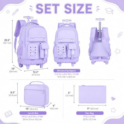 KLFVB Girls Rolling Backpack, 3PCS Wheeled Bookbag with Lunch Bag for Kids, Roller School Bag for Teen - Purple Ribbon Bow - color: Purple Ribbon Bow Rolling Backpack