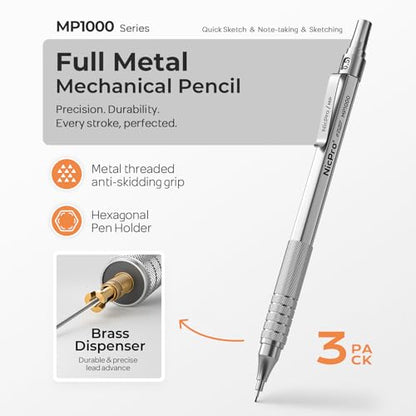 Nicpro 0.5 Mechanical Pencil Set with Case, 3PCS MP1000 Metal Artist Pencil & 8 Tube HB Lead Refills 0.5mm, 3 Erasers,9 Eraser Refills For Architect Writing Drafting, Drawing, Engineering, Sketching - color: Silver, style: 0.5 MM
