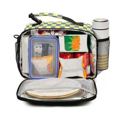Custom Student Lunch Bag for Boys Girls Green Blue Checkered Personalized Lunch Box With Name Insulated Cooler Bag for School Picnic Travel - color: Multi16