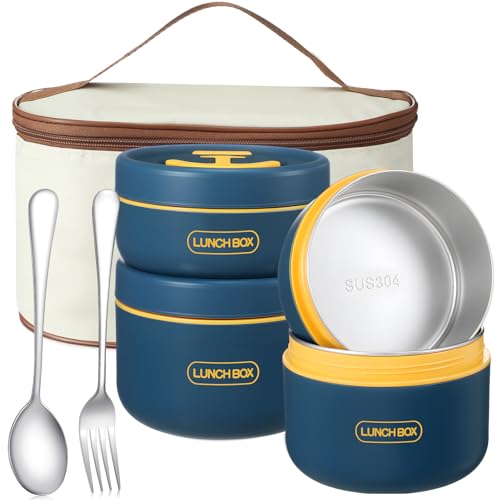Dandat 4 Pcs Insulated Lunch Container, Portable Bento Box, Stainless Steel Lunch Box, Round Stackable Leakproof Thermal Food Container for Adult Men Women with Insulated Bag, 74 oz(Royal Blue) - color: Royal Blue