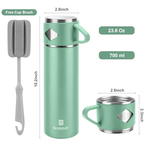 Stainless Steel Thermo 700ml/23.7oz Vacuum Insulated Bottle with Cup for Coffee Hot drink and Cold drink water flask.(Green,Set) - color: Green (Set), size: 23.7 Ounces