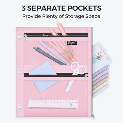 SKYDUE Pencil Pouch for 3 Ring Binder, 3 Compartment Zipper Pencil Case, Large Capacity Pen Organizer with Clear PVC Window for School Supplies, Students, Kids & Teachers - color: Pink