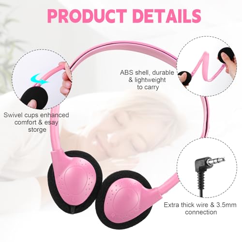 Konohan 30 Pack Headphones Bulk Headphone for School Classroom Student Wired Headphones Adjustable with 3.5 mm Jack for Adults (Pink) - color: Pink