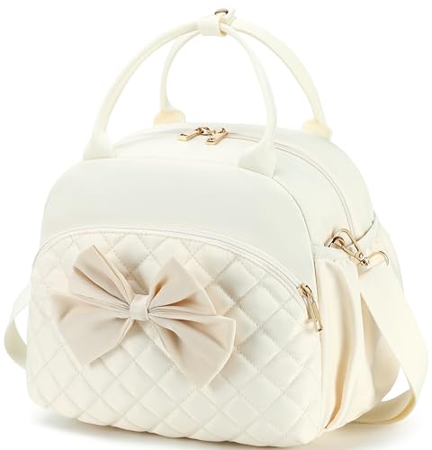 LEDAOU Lunch Box for Women, Insulated Lunch Bag Women with Adjustable Shoulder Strap, Cute Black Lunch Tote Bag for Work, Womens Lunch Bag with Bowknot, Front Zipper Pocket & Side Pockets - color: Beige big bow, size: Regular 9L