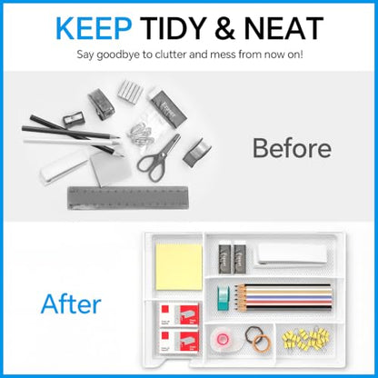 Desk Drawer Organizer, Office Drawer Divider Organizer Tray with 6 Compartments, Metal Mesh Desktop Organization and Accessories for Stationery Makeup Kitchen Toolroom School ＆ Office (Large-White) - size: Large-White