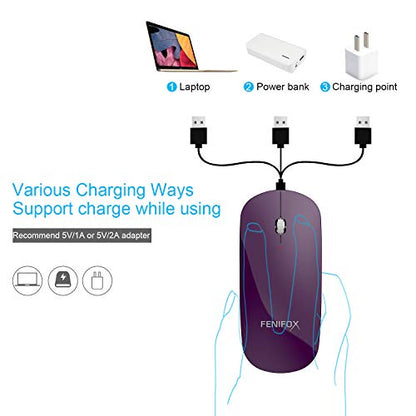 FENIFOX Bluetooth Mouse Slim, Whisper-Quiet Mini Flat Portable Mobile Mice Rechargeable Compatible with Laptop,PC,Android Windows Tablet - Deep Purple - color: Deep Purple