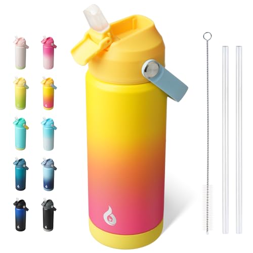 BJPKPK Insulated Water Bottle with Straw Lid, 18oz Thermo Water Bottles with Soft Nozzle, Flex Handle & Non-slip Boot, BPA Free Leak Proof Stainless Steel Metal Thermo, Tumblers, Cups,Rainbow - color: Rainbow, size: 18 Ounces