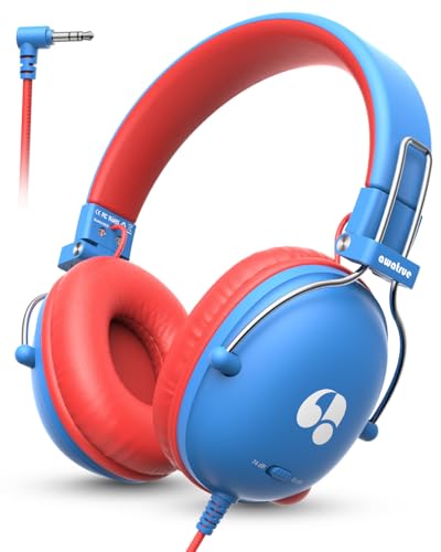 awatrue Kids Headphones, 74/85dB Safe Volume Limit, Stereo Sound, Wired On-Ear Headphones for Kids Boys Girls, 3.5mm Jack for Tablet, iPad, Kindle, YOTO Player, Airplane Travel, Blue - color: Blue-Red