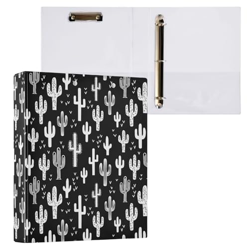 Black and White Fun Western Cactus 3 Ring Binder 1.5" Decorative D-Ring Binder with Clipboard&3 Clear Pockets, Holds 200 Sheets A4 Size Paper Waterproof Binders for School Home Office - color: Black and White Cactus, size: ‎12.4x10.63x2.36 Inch-1 Pack