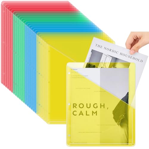 Seajan 48 Pcs Pocket Folders for 3 Ring Binder Clear Plastic Folders Sleeves with 2 Pockets 3 Hole Punch Binder Dividers Poly Slash File Jackets for Office School Document Organizer (Multicolored) - color: Multicolor