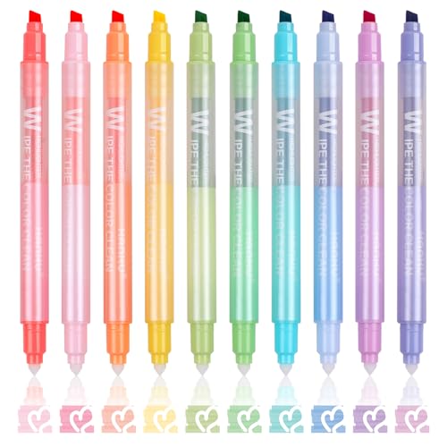 Erasable Highlighters Pastel Colors, 10 Colors Muted Dual Tip Markers, No Bleed Aesthetic Highlighters for Bible, Journaling, School Office Supplies, Double Ended Fine & Chisel Tip, Smooth Dry Fast - color: 10 Pastel Erasable