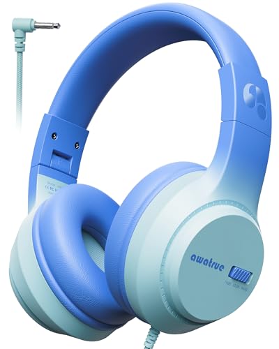 awatrue Kids Headphones, 74/85/94dB Volume Limiter, Foldable Wired Over Ear Headphones for Travel, 3.5mm Jack, Toddler Headphones for School, Chromebook, iPad, Tablet, Blue - color: Blue