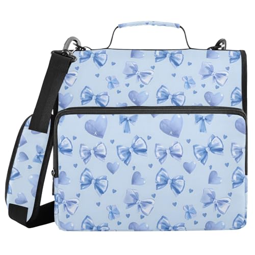 Light Blue Bows Hearts Zipper Binder 3 Ring with Handle and Shoulder Strap, 500 Sheet Binder Organizer Capacity & Multi-Pockets for School Office - color: A5433