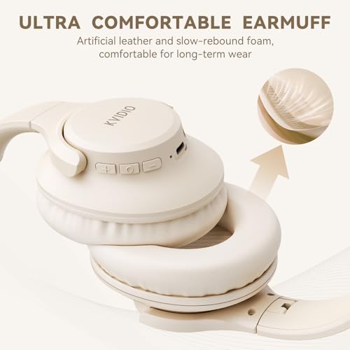 KVIDIO Bluetooth Headphones Over Ear, 65 Hours Wireless Headphones with Mic, Low Latency Foldable Lightweight Headset with Deep Bass, HiFi Stereo Sound Headphones for School Work Cellphone Sports - color: Beige