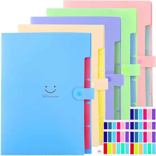5PCS Expanding File Folders,Plastic Accordion Folder with 5 Pocket,A4 Size Accordion Document Organizer,Expandable File Folder with 60 Labels for Home Office(Green+Blue+Pink+Purple+Beige) - color: Green, Blue, Pink, Purple
