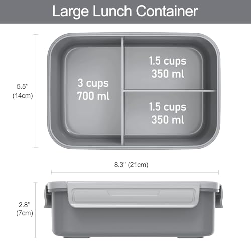 Caperci Classic Bento Box Adult Lunch Box for Older Kids - Leakpoof 47 oz 3-Compartment Lunch Containers for Adults and Teens, Built-in Utensil Set, Ideal for On-the-Go Balanced Eating, Gray - color: Gray