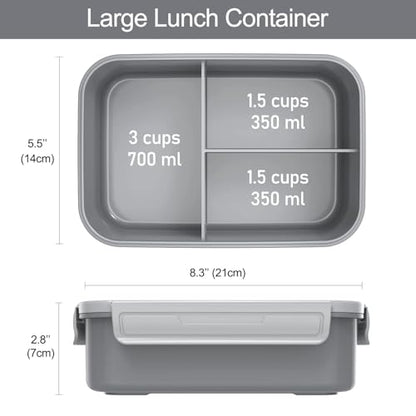 Caperci Classic Bento Box Adult Lunch Box for Older Kids - Leakpoof 47 oz 3-Compartment Lunch Containers for Adults and Teens, Built-in Utensil Set, Ideal for On-the-Go Balanced Eating, Gray - color: Gray