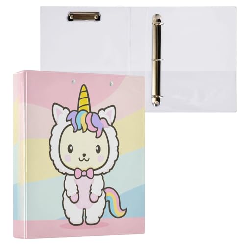 Cartoon Rainbow Unicorn Cat Binder 3 Ring 1.5 Inch Binder with Clipboard&Pockets, Hardcover Binders Heavy Duty Large File Folder for Office School Supplies - Holds 200 Sheets - color: Kawaii Unicorn Cat, size: 1 Pack-12.4x10.63in