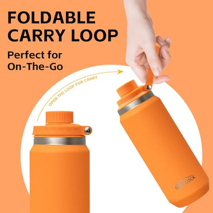 Greylock 20 oz Insulated Water Bottle with Straw Lid, Reusable Stainless Steel Sports Water Bottles with Foldable Handle, Leak Proof, Double-Wall Vacuum Insulation, 24 Hours Cold(Tangerine) - color: Tangerine, size: 20 Ounces