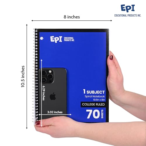 EPI Spiral Notebook | 1 Subject - College Ruled - 70 Sheets, Durable Spiral Binding | 10.5 x 8 in | Classroom Supplies | School, Office, Note Taking, Journaling - 48 Pack - size: Pack of 48, style: 1 Subject - College Ruled