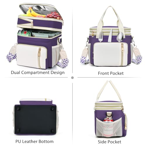 LOKASS Lunch Box for Women-16L-Insulated Lunch Bag Women, Expandable Double-layer Leakproof Cooler Bag with Upgrade Adjustable Shoulder Strap Ideal for Work/Picnics（Purple） - color: Purple