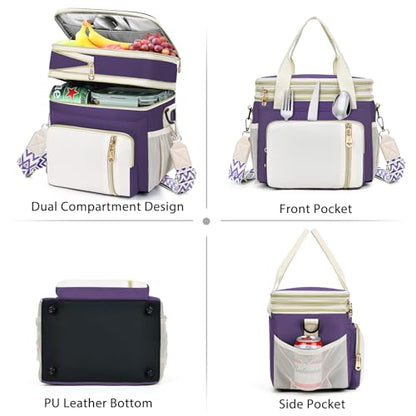 LOKASS Lunch Box for Women-16L-Insulated Lunch Bag Women, Expandable Double-layer Leakproof Cooler Bag with Upgrade Adjustable Shoulder Strap Ideal for Work/Picnics（Purple） - color: Purple