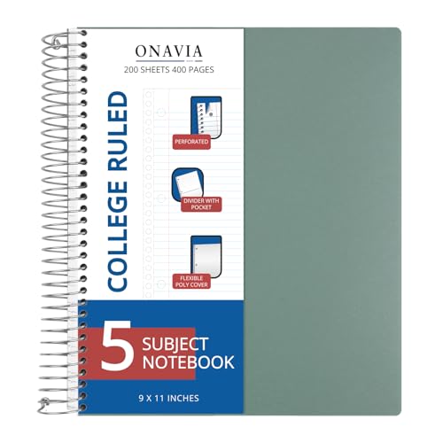 ONAVIA 5 Subject Spiral Notebook College Ruled, 400 Pages, Green | 200 Sheets, 9 x 11 in, 6 Pack Waterproof Plastic Cover, Durable, School Notebooks, Classroom, Teachers - color: Green