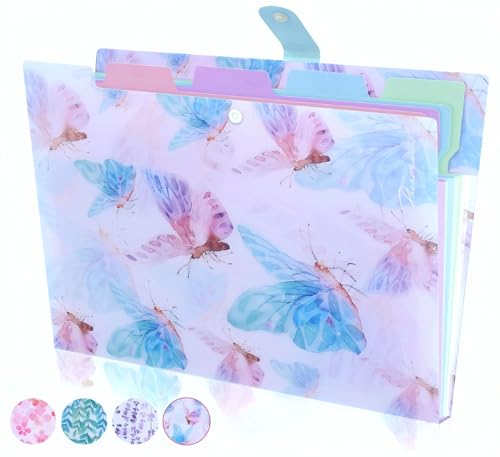 Folder Organizer Expanding File Folder Patternted - Accordion Document Organizer with 5 Pockets and Labels, Waterproof A4/Letter Size for School Office Home (Playful Butterflies) - style: Playful Butterflies