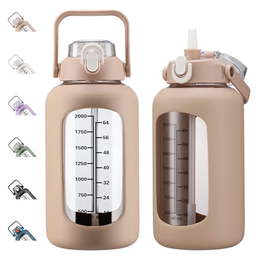 84oz Glass Water Bottle with Straw, 2.5 Liter Large Water Bottle with Silicone Sleeve and OZ Marker, Wide Mouth Gallon Glass Bottle with 2-in-1 Lid, Leakproof Water Jug for Gym Home, Amber - color: Amber, size: 84 Ounces