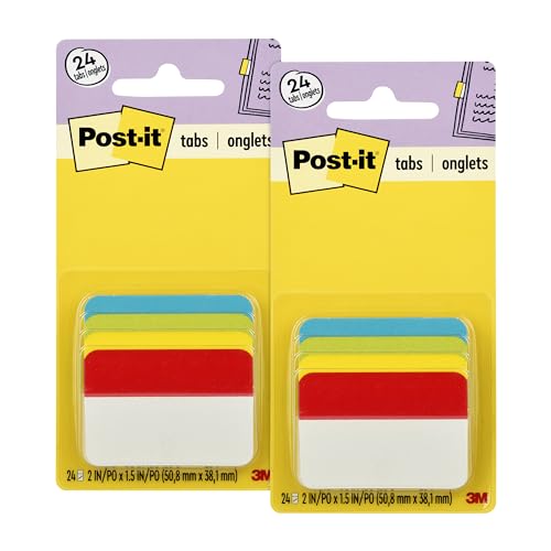 Post-it Tabs, 2 in Angled Solid, Assorted Primary Colors, 6 Tabs/Color, 4 Colors, 24 Tabs/Pack (686A-ALYR) (Pack of 2) - color: Multi-color, size: 2 in x 1.5 in (Pack of 2)