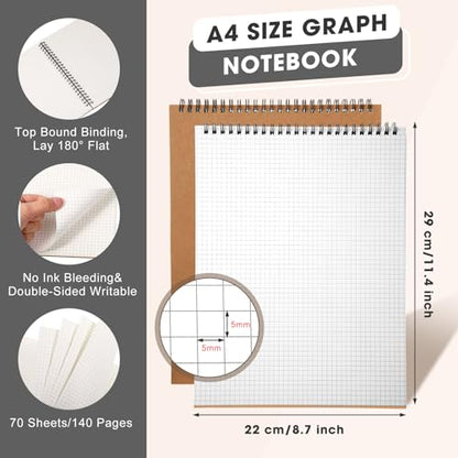 Engrowtic 2 Pack Top Spiral Graph Paper Notebooks 8.7 X11.4 Inch A4 Grid Paper Notepad 70 Sheet Memo Steno Pad for Engineering Writing Sketching Drawing School Office Supplies (Kraft) - color: Kraft