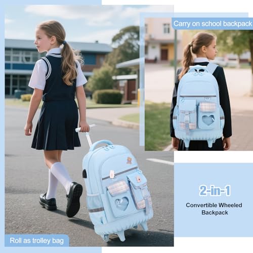 ACESAK Rolling Backpack for Girls - Roller Wheels School Bookbag with Lunch Bag & Pencil Pouch for Teen Girls Kids Wheeled Suitcase Backpacks, Elementary Middle School Travel Daypack (Blue) - color: Blue