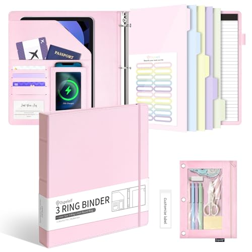 Ospelelf Leather 3 Ring Binder for Letter Size Documents with PVC Pocketed Dividers, 1 Inch Round Rings, Holds 175 Sheets, Binders with Storage Bag & Notepad, for Office School Home Organization, pink - color: Pink