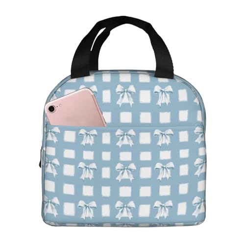 Lunch Bag Blue Check Bows Insulated Lunch Box Reusable Cooler Tote for Adults Student Girl Boy Work Office School Picnic Over 3 Years Old - color: B0368